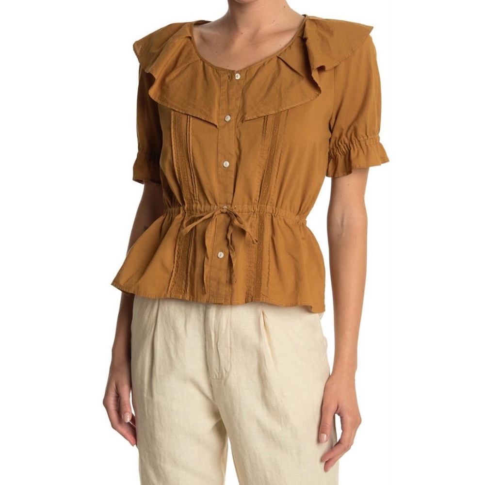 Alex Mill Camel Lace Trim Ruffle Neck Top Size XS